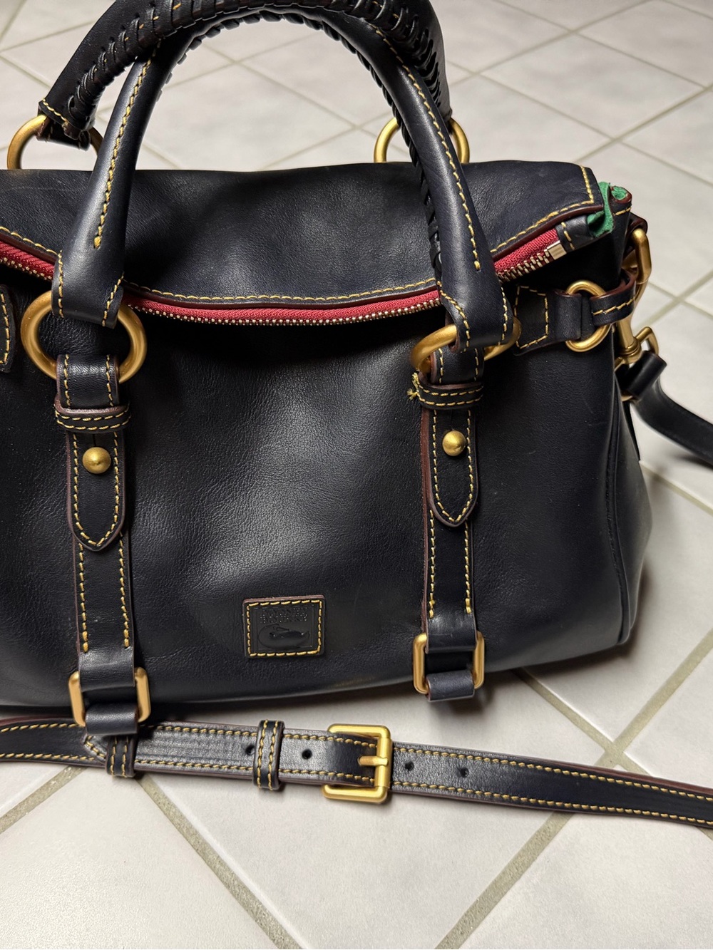 Rooney & Bourke Black Leather Satchel Handbag with Gold Hardware